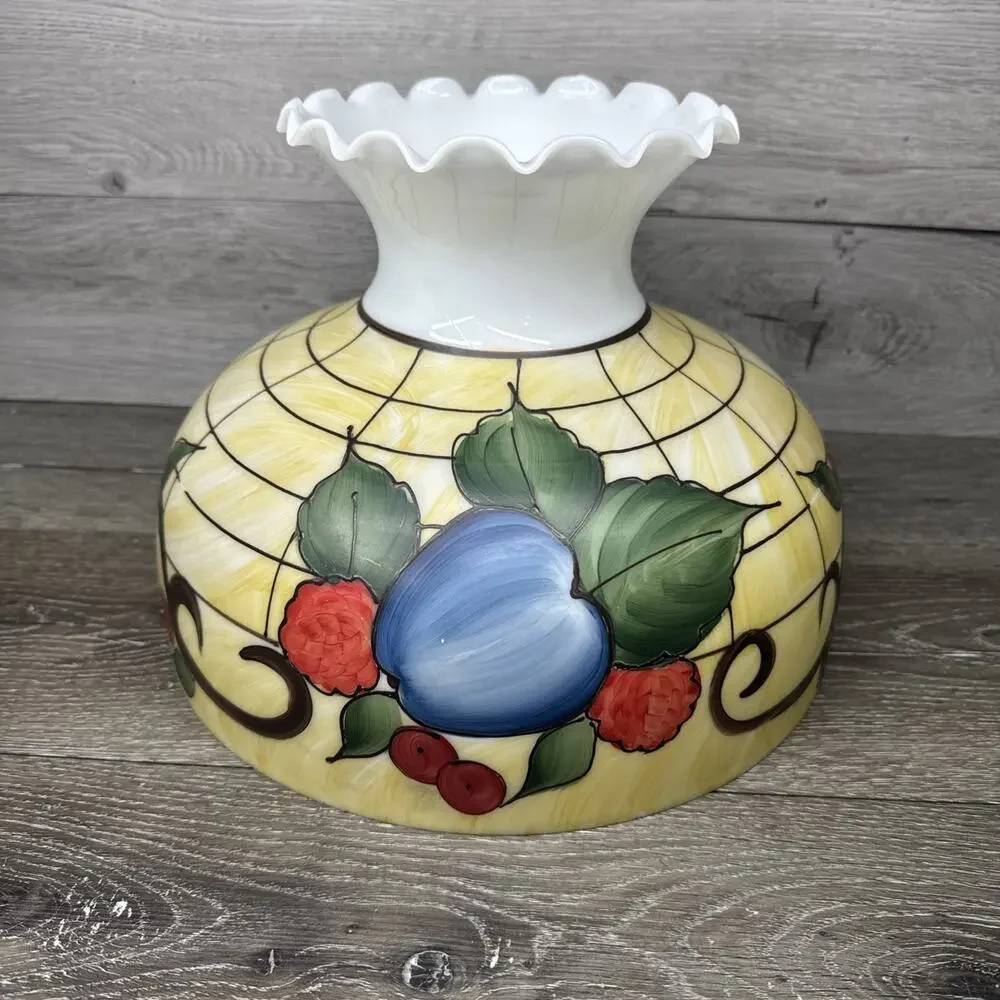 VTG Milky Glass Hand painted Hurricane Lamp Shade 14-3/4” Diameter 9-7/8”Tall